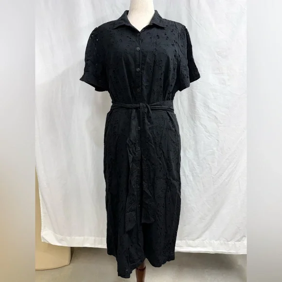 ann taylor black eyelet dress Ann Taylor LOFT Navy Floral Embroidered Long Sleeve Dress – SilkRoll main image 0